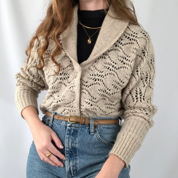 Free People Oversized Wool Open Crochet Cable Knit Cropped Cardigan Sweater Boho - Picture 9 of 9